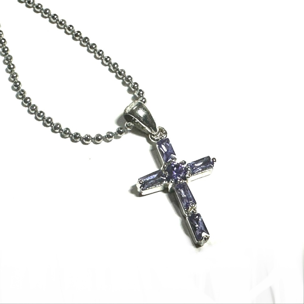 Purple Rhinestone Holy Cross Pendant Necklace Silver Tone Ball Chain 16 inch